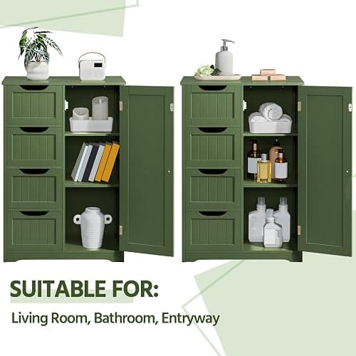 Yaheetech Wooden Bathroom Floor Cabinet, Side Storage Organizer Cabinet with 4 Drawers and 1 Cupboard, Freestanding Entryway Storage Unit Console Table, Bathroom Furniture Home Decor, Green thumbnail 9