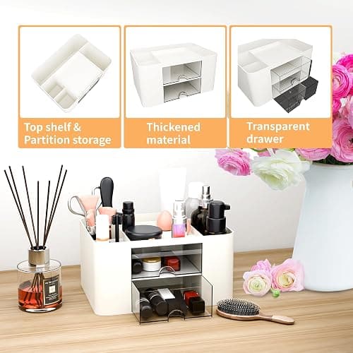 CasaCulina Desk Organizer with 2 Drawer, Multi-Functional Pencil Pen Holder, Plastic Desk Organizers and Storage with 5 Compartments for School Office Art Supplies (White) thumbnail 6