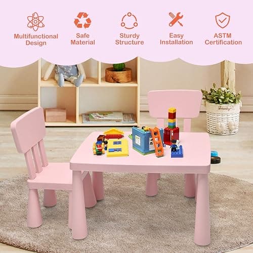 LIFEZEAL Set Tavolo e Sedie per Bambini 1-7 Anni, Tavolino Multiattivita in Plastica Rettangolare, Piccoli con Schienale con Capacità di 50 kg (rosa) thumbnail 4