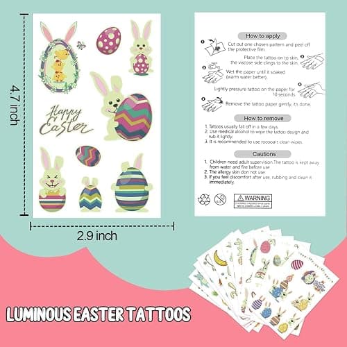 Partywind 132 PCS (12 Sheets) Luminous Easter Temporary Tattoos for Kids Basket Stuffers, Glow Easter Decorations Party Favors Supplies Essentials, Easter Games for Toddlers Boys Girls thumbnail 7