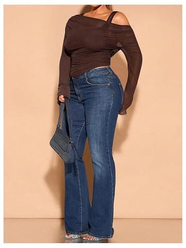 WDIRARA Women's Plus Size 2 in 1 Off Shoulder T Shirt Ruched Sheer Bell Long Sleeve Tee thumbnail 5