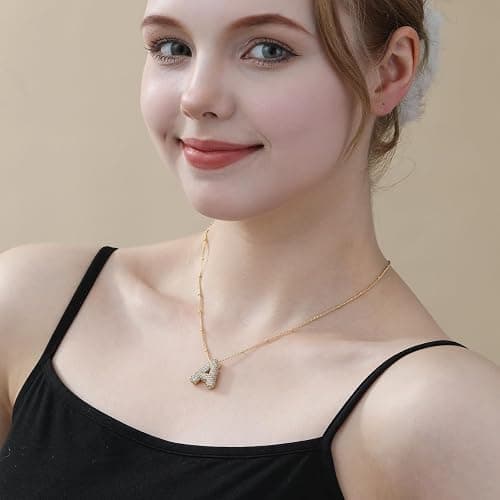 Apsvo Letter Necklace Gold, A-Z Balloon Initial Necklaces Rhinestone Puff Letter Pendant Chunky Alphabet Necklace for Women thumbnail 7