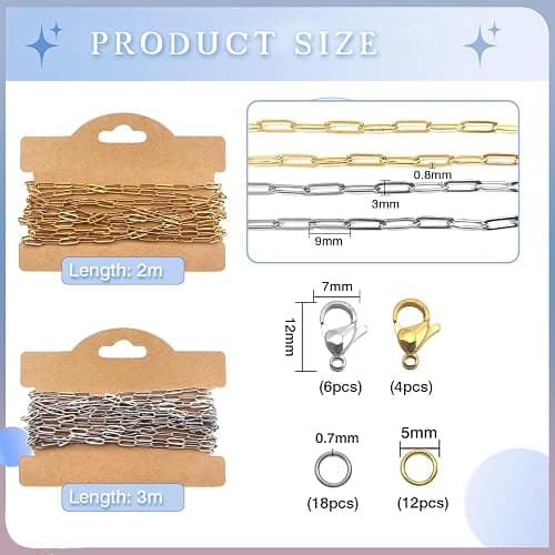TOAOB Chaine de Trombone de 5m 3x9mm Chaînes de Collier en Acier Inoxydable Doré Argent Chainette pour Bijoux avec 10 Fermoirs Mousquetons et 30 Anneau Ouvert pour Bracelet Fabrication de Bijoux thumbnail 2