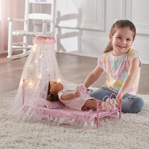 Badger Basket Starlights Metal Doll Bed - LED Canopy Bed Set Fits 18 Inch Dolls - Includes Mesh Drapes Decorative Pillows Reversible Blanket - Pretend Play Doll Furniture - Pink thumbnail 2