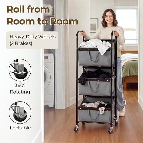 GRANNY SAYS 3 Tiered Laundry Sorter, Narrow Hamper Cart with Wheels | Sturdy 3 Section Laundry Basket with Wheels, Vertical Grey Hamper Cart for Bedroom, Bathroom, Apartment thumbnail 6
