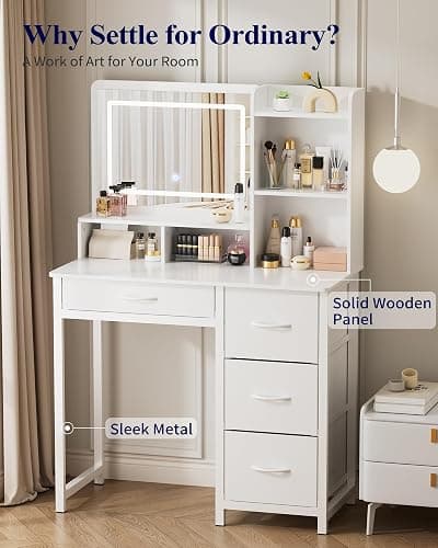 Kitsure Vanity Desk with Mirror and Lights - Large Capacity Makeup Vanity with 4 Fabric Storage Drawers & 3 Lighting Modes, Vanity Table Set with Sturdy Metal Frame for Bedroom, White, 35" x 17" x 52" thumbnail 5