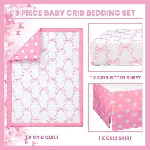 Hahafelt 3 Pcs Baby Girls Crib Bedding Set Coquette Pink Bow Baby Bedding Set for Girls Coquettish Pink Heart Bow Infant Nursery Includes Quilt, Fitted Crib Sheet and Skirt thumbnail 3