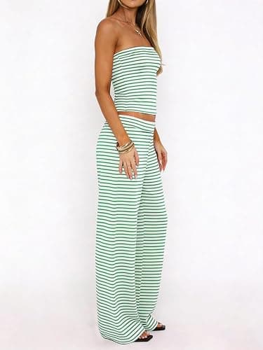Fhykiss Women Striped Two Piece Set Tube Top Wide Leg Pants Summer Casual Matching Lounge Set Beach Vacation Travel thumbnail 2