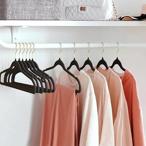 ManGotree Velvet Coat Hangers with 360° Swivel Gold Hook, Non-Slip Felt Suit Hangers, Slim Space Saving Clothes Hanger for Jacket, Sweater, Shirt, Dress, Pants (22 Pack, Black) thumbnail 9