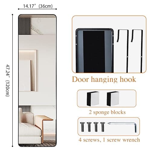Protylctaster Door Mirror Full Length,Over The Door Mirror,48"x14" Full Length Mirror,Door Mirror, Mirror Full Length Door Hanging(Black) thumbnail 2
