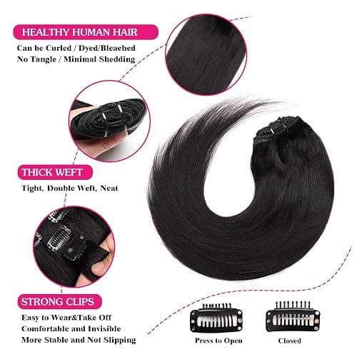 Yaki Straight Clip in Hair Extensions, 120G Full Head Real Human Hair Clip for Women Seamless Yaki Clip ins Hair Extensions for Thin Hair Natural Black 8Pcs Hair Pieces with Secure Clips (14inch-120g) thumbnail 4