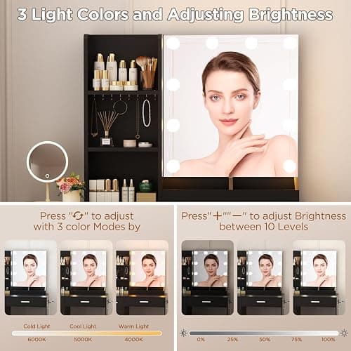 ERLEJIA Vanity Desk with Mirror and Lights, 39.37" 4 Drawers Makeup Desk Without Stool, Extra Foldable Desk with 3 Open Shelves Make Up Table for Girls and Ladies Bedroom, Black thumbnail 4