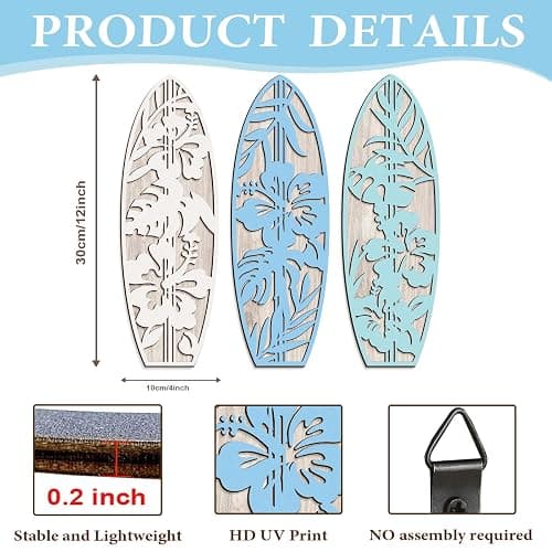 VGICH Hibiscus Surfboard Wall Decor - 3 Piece Wooden Beach Wall Art for Bedroom, Tropical Decor for Living Room(Blue) thumbnail 3