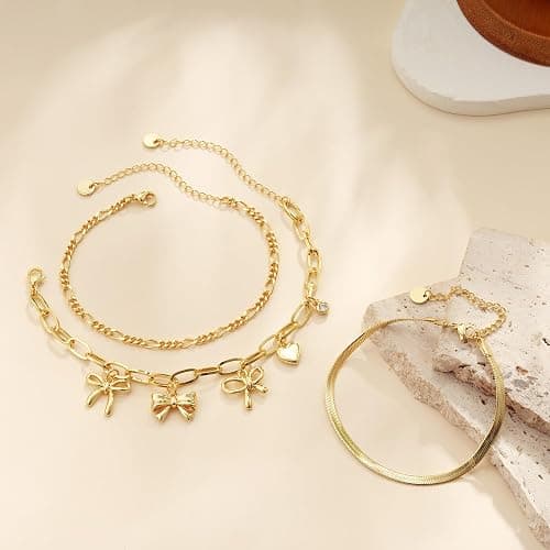 Maxcate 3PCS Charm Gold Bracelets for Women Non Tarnish,14k Plated Gold Bracelet Stack Cute Dainty Stackable Trendy Bow Cross Clover Bracelets Set Tarnish Free Gold Jewelry for Women Gifts thumbnail 5