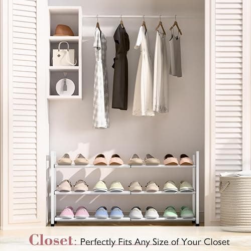 Bumusty 3-Tier Expandable Shoe Rack for Closet, 18“-33” Adjustable Shoe Rack for Small Space, Small Shoe Organizer for Front Door, Sturdy Metal, White thumbnail 2