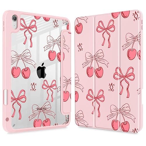May Chen Case for iPad Air 11 (M3 2025 / M2 2024) 7th 6th, iPad Air 4 & 5 10.9 Inch 5th 4th (2022/2020), [Penceil Holder] Trifold Stand Auto Wake/Sleep TPU Protection Back Cover, Coquette Cherry Bow - Image 1