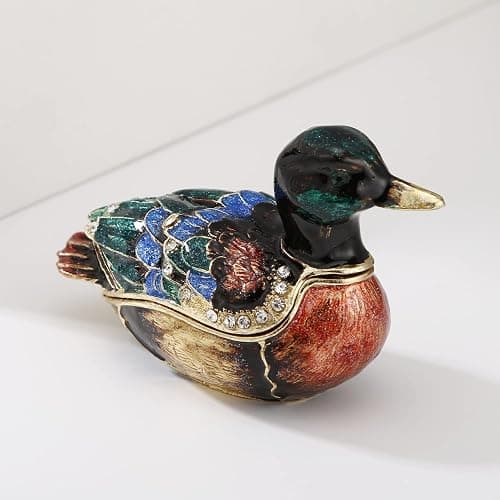 Hand Painted Enamel Duck Trinket Box for Home Decor, Hinged Jewelry Organizer for Ring Earrings, Unique Figurine Keepsake Collectible Personalized Elegant Handmade Ornament Gifts (Green Duck) thumbnail 4