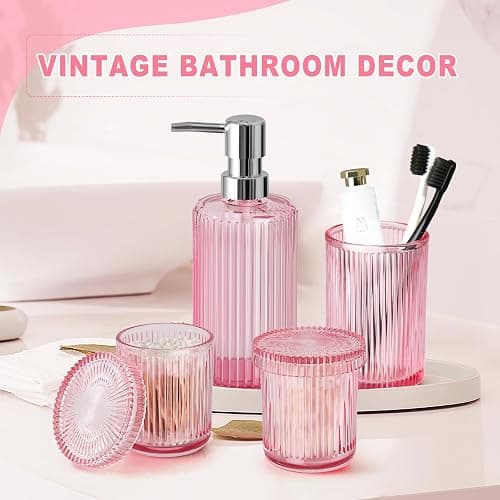 Pink Bathroom Accessories Set, 4 Pcs Glass Bathroom Accessory Set, Pink Soap Dispenser and Toothbrush Holder Set, Qtip Holder Set, Vintage Bathroom Sink Set, Cute Bathroom Decor thumbnail 7