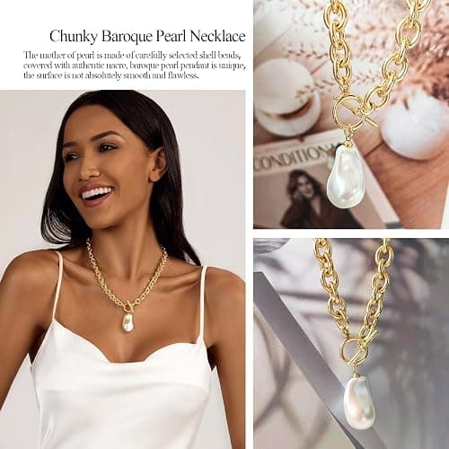 Zeffy 14K Gold/Silver Plated Chunky Thick Chain Toggle Clasp Necklace Dainty Baroque Pearl/Heart/Cross/Turquoise Pendant Necklace thumbnail 5