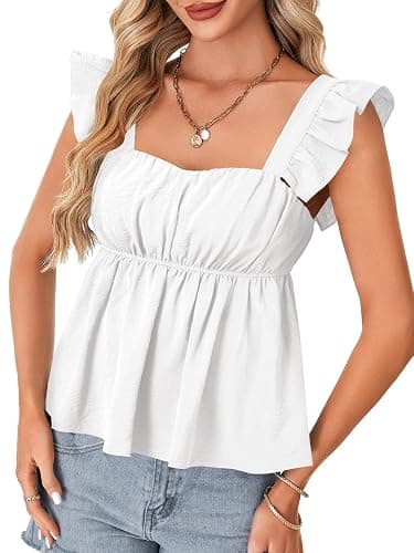 Rooscier Women's Square Neck Ruffle Cap Sleeve Ruched Peplum Babydoll Blouse Tank Tops thumbnail 4