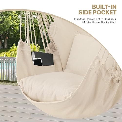 MoNiBloom Hammock Chair Hanging Rope Swing w/2 Cushions, Boho Macrame Hanging Chair Max 350 lbs Capacity w/Side Pocket for Adults Indoor/Outdoor, Living Room Bedroom Comfy Reading Swinging Chair thumbnail 6