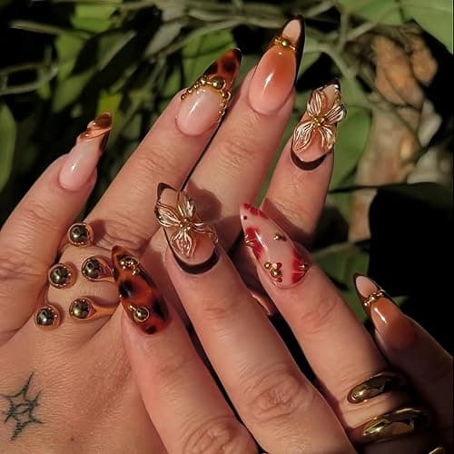 HOSAILY Medium Almond 3D Brown Gold Flower Press on Nails-‎ Tortoiseshell Leopard French Tip Blossom Gradient Design,24Pcs Handmade Fall/Autumn/New Year Glue on Acrylic Fake Nail Press ons for Women thumbnail 7