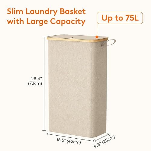 Lifewit 75L Slim Laundry Hamper with Lid, Narrow Laundry Basket with Removable Bag & Bamboo Handles, Fodable Thin Dirty Clothes Hamper for Laundry Collapsible Bin for Bathroom Bedroom Dorm, Beige thumbnail 3