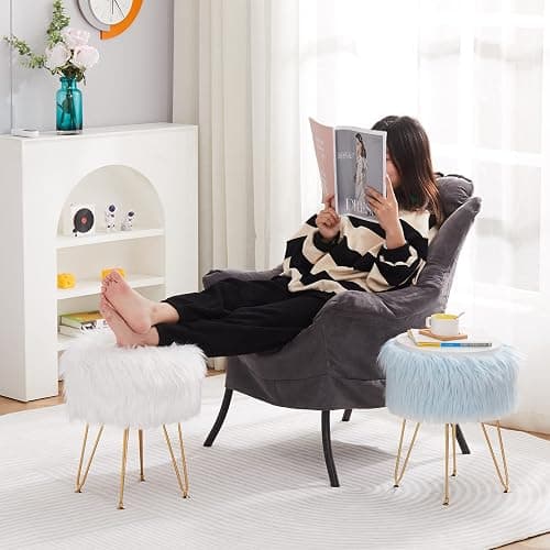 Mxfurhawa Faux Fur Storage Ottoman Round Furry Vanity Stool Marble Grain Tray Coffee Table Compact Footrest with 4 Metal Legs Soft Makeup Seat Foot Stool for Living Room Bedroom Entryway White thumbnail 4