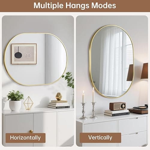 JENBELY Gold Oval Mirror, 17x30 Inch Pill Shaped Metal Frame Mirror, Oval Bathroom Mirrors for Over Sink, Wall-Mounted Mirrors for Hallway,Living Room, Fireplace thumbnail 7