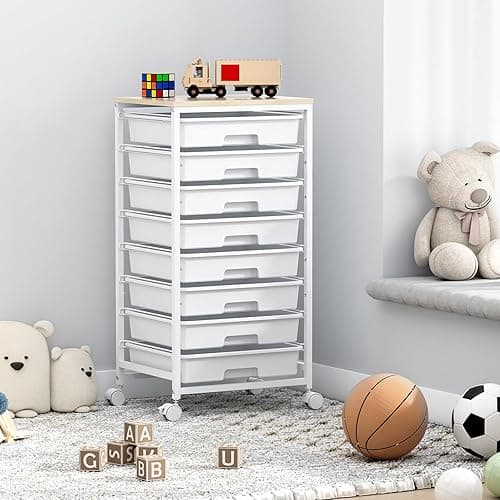 SYKIARIOL Rolling Storage Cart with Drawers,Utility Cart With 8 Drawers and Wooden Tabletop,Rolling Drawer Cart,Storage Drawer Cart for Living Room,Classroom,Bedroom,Bathroom,Dorm,Office,White - White thumbnail 9