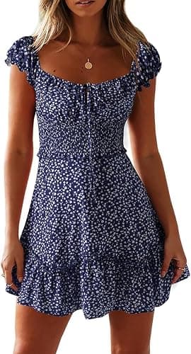 YOBECHO Womens Summer Sexy Sweetheart Collar Printed Ruffle Mini Dress - Image 1