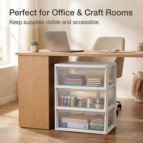Wide 3 Drawer Plastic Storage Tower with Clear Removable Bins, 15.6" x 21" x 25.2" Organizer Unit with Drawer Stops and Easy-Pull Handles for Closet, Dorm, and Office Organization, White thumbnail 7