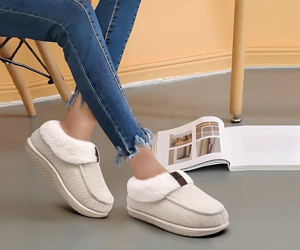 COFACE Women's Memory Foam House Slippers Arch Support Moccasin Winter Shoes Ladies Warm Fuzzy Faux Fur Collar With Indoor Outdoor Rubber Sole thumbnail 3