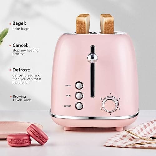 Roter Mond 2 Slice Toaster Retro Stainless Steel with Bagel, Cancel, and Defrost Functions, 6 Bread Shade Settings, Extra Wide Slots and Removable Crumb Tray, Pink thumbnail 4