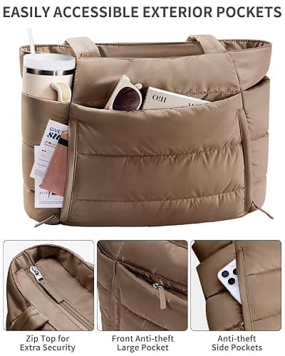 Puffer Tote Bag for Women, Lightweight Puffy Work Handbag Teacher Nurse Quilted Shoulder Bag for School Travel Gym thumbnail 4