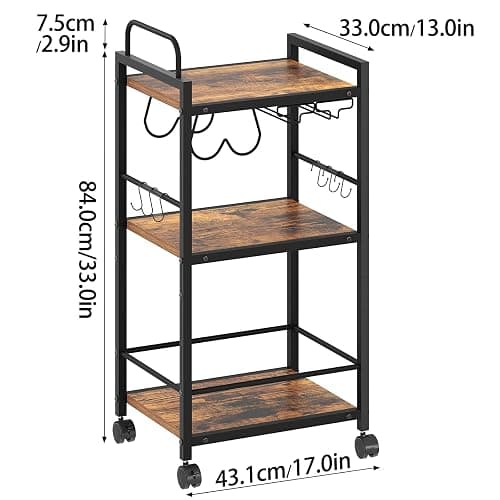 Bar Cart for The Home, 3 Tier Kitchen Carts with Wheels, Small Rolling Cart with Glass Holders, Wine Rack, Mini Bar Cart for Kitchen, Dining room, Living Room, 13.0"D x 17.0"W x 33.8"H, Rustic Brown thumbnail 3