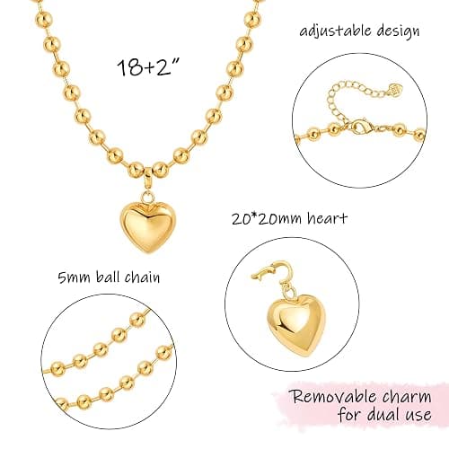 18k Gold Chain Link Necklace for Women, Baroque Pearl/Compass Pendant Necklace - Puffy Heart thumbnail 4