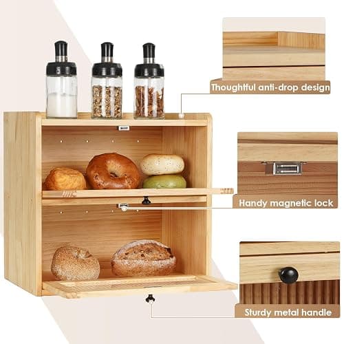 Sunhoo Bread Box for Kitchen Countertop Wooden Bread Storage Container Bin 2 Layer Breadbox Holder Large Capacity Keeper Vintage Farmhouse Food Organizer Pantry Shelf Acrylic Window（Wood color） thumbnail 5