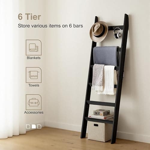 TEAKMAMA 6-Tier Blanket Ladder for Living Room and Bedroom,5.4 Ft Wall Leaning Quilt Rack with Hooks,Rustic Decorative Farmhouse Blanket Storage,Stylish Ladder Holder,Christmas Decorations,Black thumbnail 6