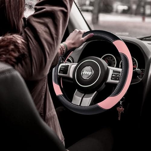 Leather Car Steering Wheel Cover, Non-Slip Car Wheel Cover Protector Breathable Microfiber Leather Universal Fit for Most Cars(Pink) thumbnail 2
