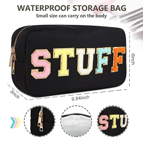 4PCS Nylon Zipper Waterproof Preppy Makeup Organizer Bag Set - Cosmetic Stuff Pouch for Women Travel Toiletry Organization Outdoor with Chenille Letter Patches thumbnail 2