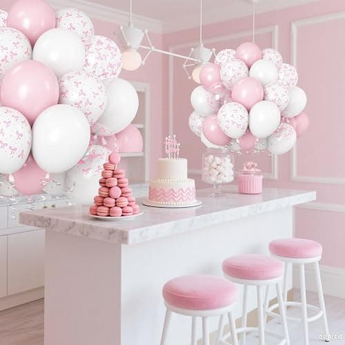 Pink Bow Balloons Light Pink and White Balloon 12inch Clear Bow Balloons Coquette Birthday Party Decorations Helium Latex Balloon for Arch Bridal Shower Bachelorette Weddiing Decor thumbnail 5