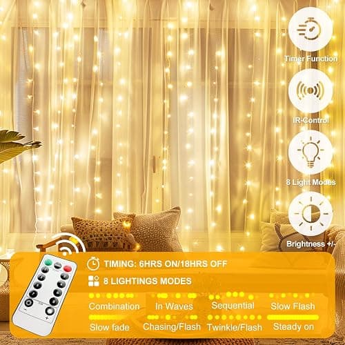 HOLITS 2 Pack Fairy Curtain Lights Upgraded Tangle-Free Warm White USB Plug in 8 Modes String Hanging Lights with Remote for Christmas, Bedroom, Indoor, Outdoor, Weddings, Party (10 FTx10 FT) thumbnail 5