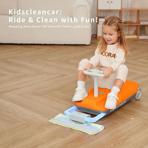 12V Ride-On Car with Cleaning Fun, 3 in 1 Gokart, Soft-Start, 5-Speed Adjustable, Detachable mop, Rechargeable Battery, 160lbs Capacity, Indoor & Outdoor for Kids Ages 3+ Orange thumbnail 6