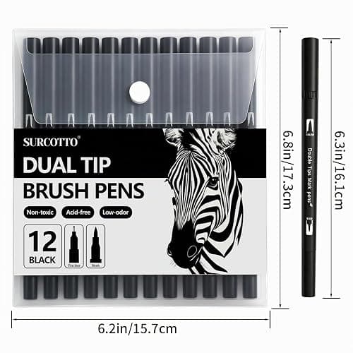 Surcotto Dual Brush Pen, 12 Feutres Noirs épais et fins,Double Pinceau Noir pour bullet journal, calligraphie, manga, croquis, livres de coloriage et lettrage à la main thumbnail 2