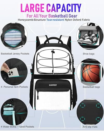 LOINTET Basketball Bag Backpack with Ball Holder Shoes Compartment, Large Basketball Accessories Sports Bag thumbnail 4