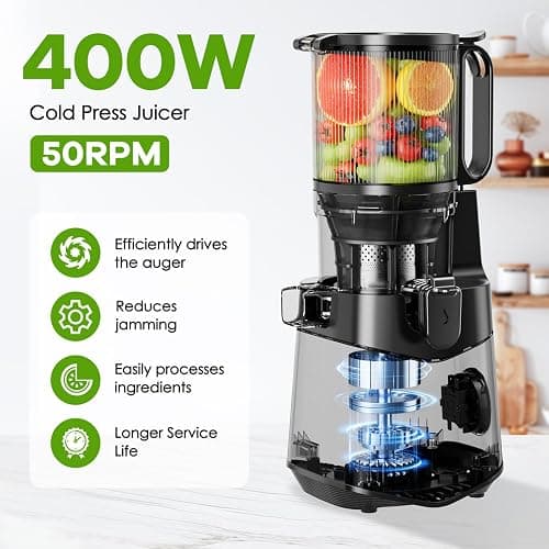 EanOruus Cold Press Juicer, 5.8" Wide Feed Chute Juice Extractor Machine with 400W, High Juice Yield, Slow Masticating Juicer for Whole Vegetables & Fruits, Dark Grey thumbnail 4