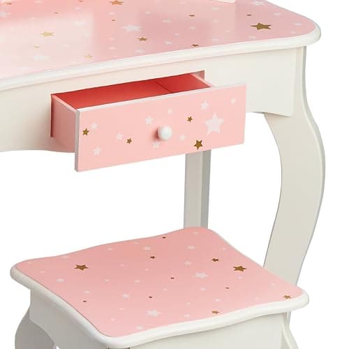 Teamson Kids Princess Gisele Twinkle Star Print 2-Piece Kids Wooden Play Vanity Set with Vanity Table, Tri-Fold Mirror, Storage Drawer, and Matching Stool, White with Pink and Gold Star Accent thumbnail 8
