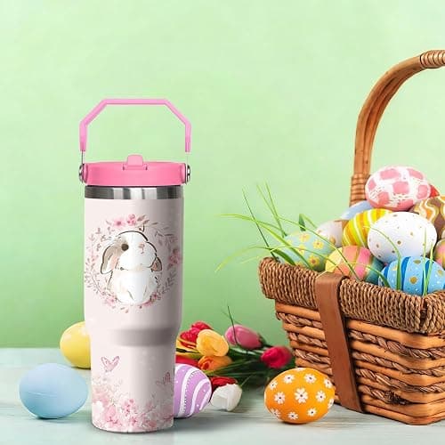 30oz Bunny Tumbler with Handle and Flip Straw, Rabbit Stainless Steel Vacuum Insulated Cup, Travel Mug Water Bottle, Easter Gifts for Women Bunny Lovers thumbnail 7