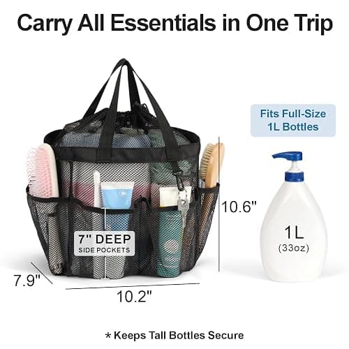 F-color Mesh Shower Caddy Portable with Drawstring, S Hook - 8 Deeper Pockets 2 Handles College Dorm Room Essentials for Girls Guys, Shower Bag Hanging for Camping Gym Travel Toiletry Bathroom, Black thumbnail 2